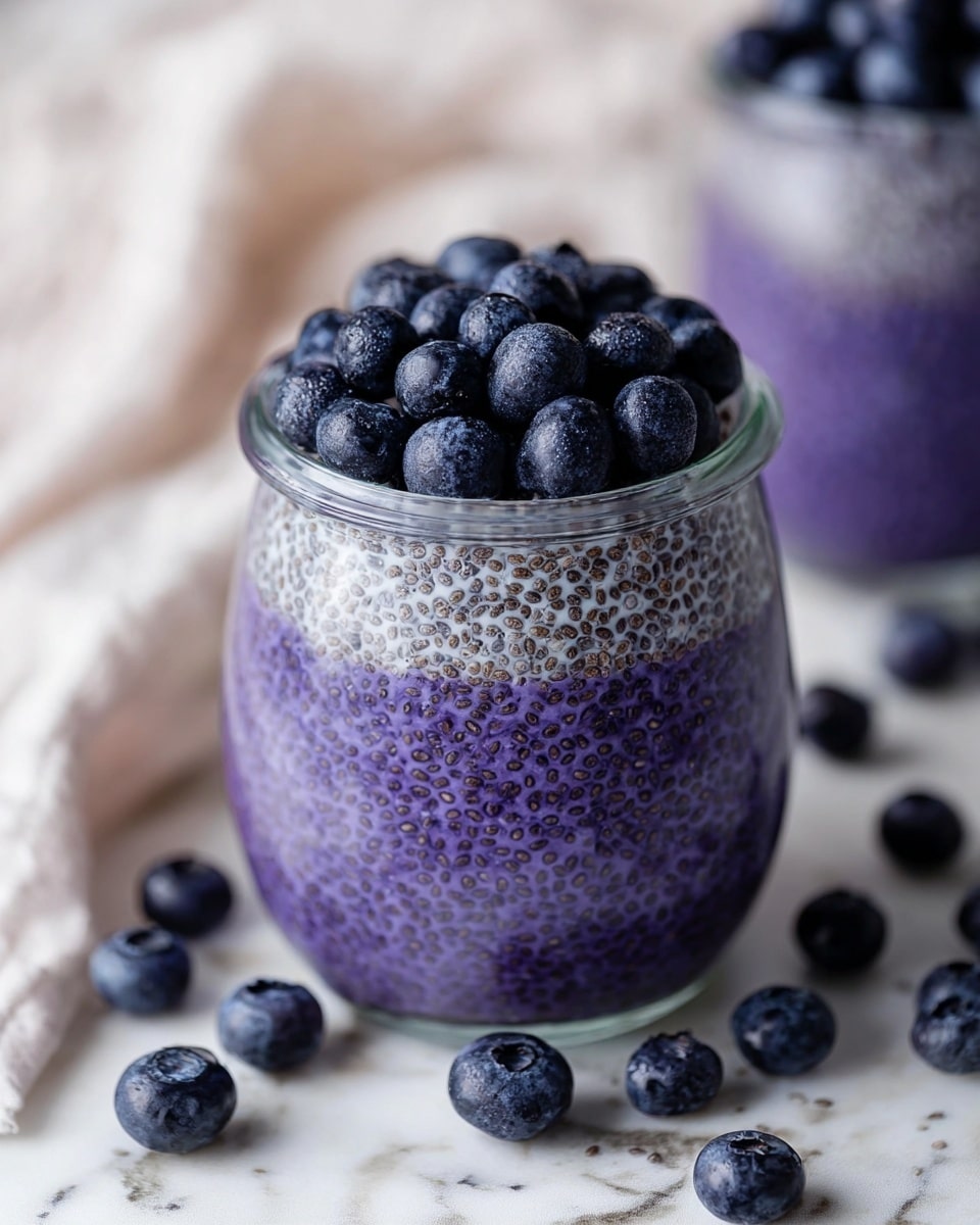 A small clear glass jar filled with three layers of thick purple chia pudding with visible chia seeds, topped generously with fresh dark blue blueberries. The jar is placed on a white marbled surface with scattered whole blueberries around it. The texture of the pudding looks smooth yet textured from the chia seeds. The background is softly blurred with another jar slightly visible. photo taken with an iphone --ar 4:5 --v 7