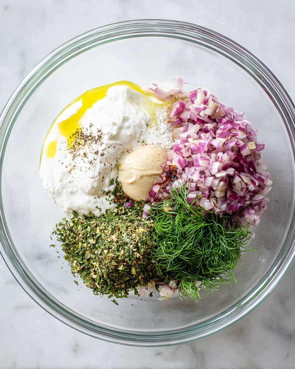 A clear glass bowl contains seven distinct ingredient layers arranged in a circular layout. Starting from the left, there is a dollop of white creamy yogurt topped with a small pool of golden oil, with a sprinkle of black pepper and salt on it. Below this is a small blob of light beige mustard. Next, a mound of fine green dried herbs sits adjacent to the mustard. To the right is a heap of finely chopped purple-red onions, mixed with bits of white. Above the onions, bright green fresh dill adds a fresh, feather-like texture. Small bits of minced garlic are scattered near the dill. The bowl is set on a white marbled surface, and the photo is taken with an iphone --ar 4:5 --v 7