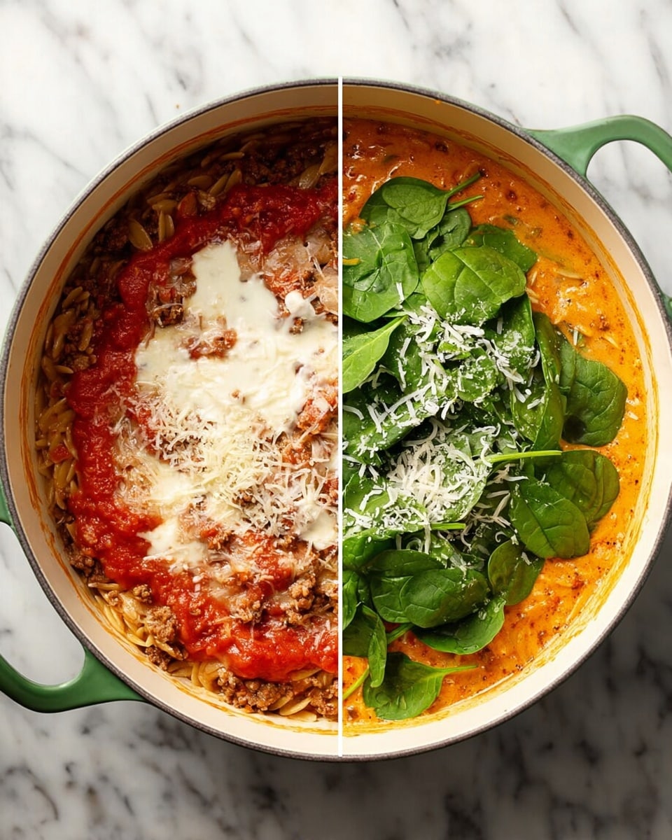 Two side-by-side images show cooking progress in a white enameled pot with a green handle, set on a white marbled surface. The left image has a base layer of cooked ground meat mixed with some browned orzo pasta settled in creamy sauce, topped with a thick layer of bright red tomato sauce and some white cream swirled on one side. The right image shows the same pot with a thick layer of orange creamy sauce mixed with the meat and pasta, topped with fresh, bright green spinach leaves arranged in a loose pile, with finely grated white cheese sprinkled over the spinach in the center. Photo taken with an iphone --ar 4:5 --v 7