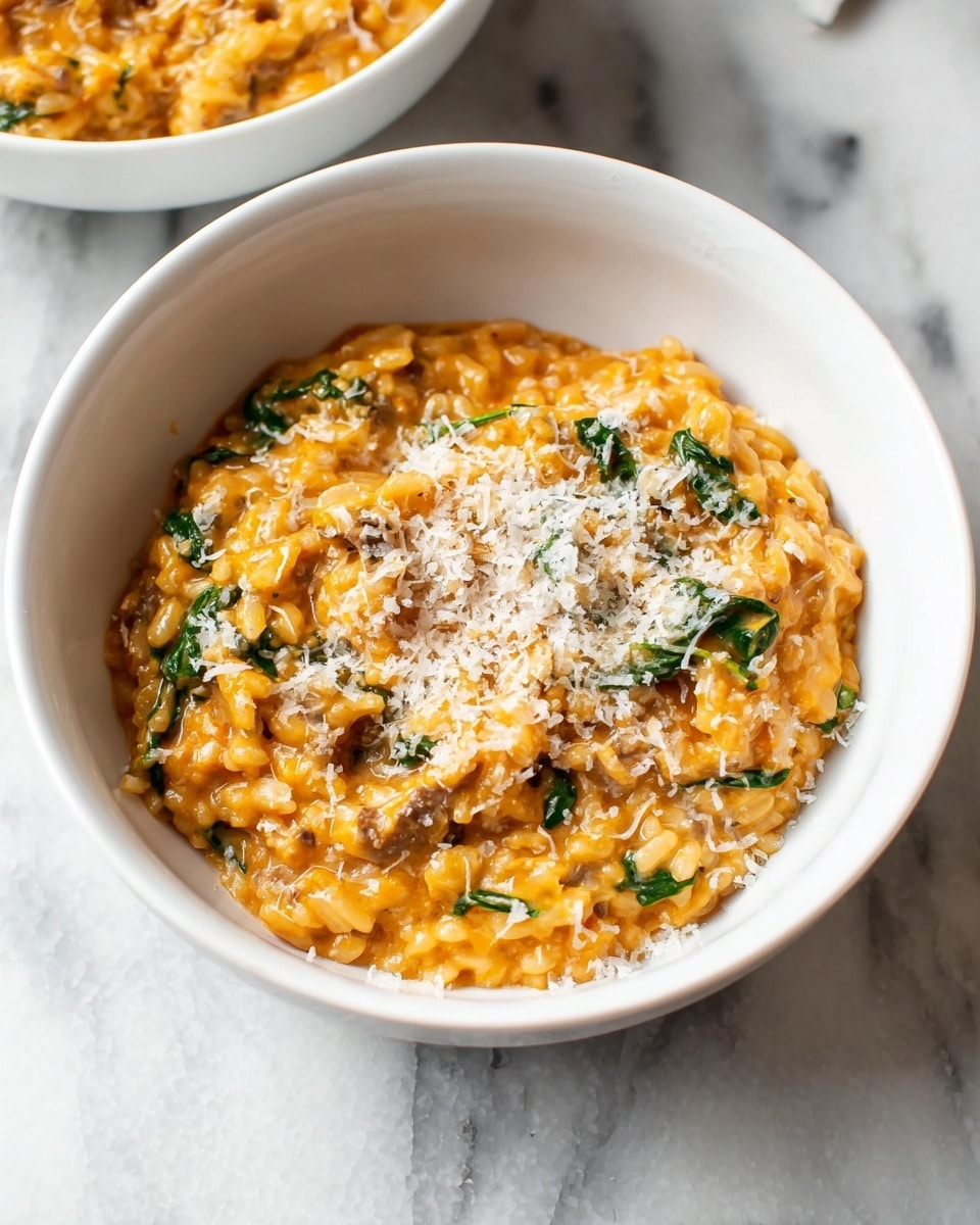 A white bowl filled with a creamy orange risotto that has visible flecks of green spinach leaves mixed throughout, giving some color contrast. The risotto has a slightly chunky texture showing small bits of meat or mushrooms blended in. The dish is topped with a light sprinkling of finely grated white cheese around the edges and a bit scattered on top. The bowl sits on a white marbled surface. In the background, there is a partial view of another white bowl with the same dish. Photo taken with an iphone --ar 4:5 --v 7