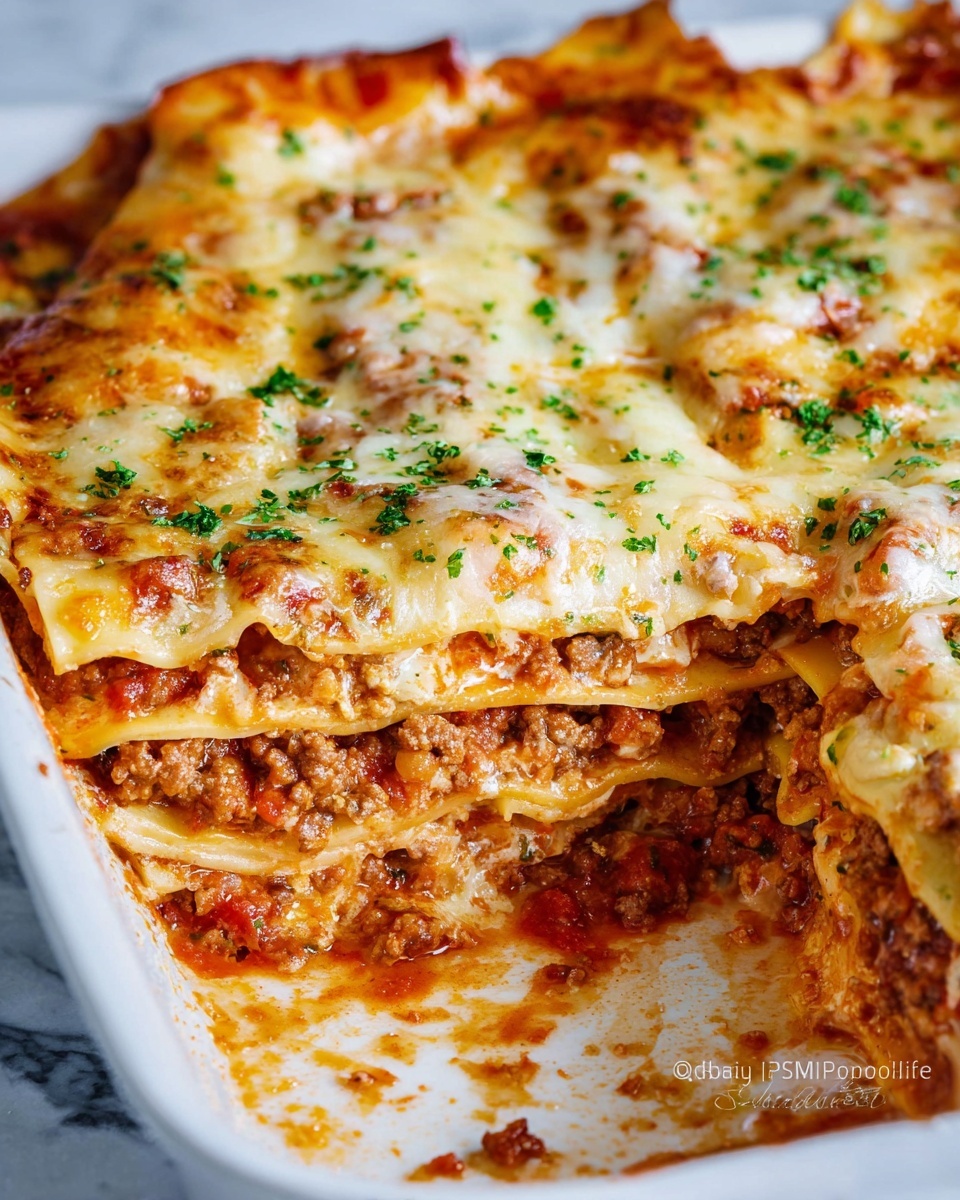 A close-up view of a multi-layered lasagna in a white dish, showing about five layers of pasta sheets separated by layers of brown ground meat mixed with a red tomato sauce, visible between the layers. On top, there is a thick layer of melted, golden-brown cheese with small green herb sprinkles scattered over it. A portion of the lasagna is missing, revealing the inside, with some sauce pooling at the bottom of the dish. The white marbled surface underneath adds a light and clean contrast. photo taken with an iphone --ar 4:5 --v 7