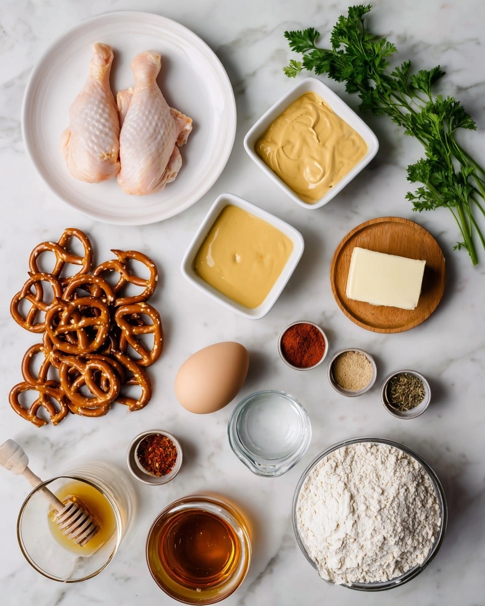 The image shows many cooking ingredients arranged nicely on a white marbled surface. At the top left, three raw chicken pieces lie on a white plate, smooth and pale pink. To the right, two small white square bowls hold creamy light yellow and thick mustard-colored sauces. Below them, a white bowl is full of shiny brown pretzels, with several loose pretzels scattered around. In the lower part of the scene, a clear glass bowl holds white flour, and a small clear measuring cup contains clear liquid. Next to these, a small wooden plate has a pale yellow cube of butter. An egg with a speckled shell sits near the center. A set of different spices in a small round wooden bowl shows red, white, black, and beige powders. Another small pile of red spice sits alone in a tiny clear bowl. A small white bowl with honey and a honey dipper sits to the left near sprigs of fresh green parsley. The whole scene is evenly lit and clean. Photo taken with an iphone --ar 4:5 --v 7