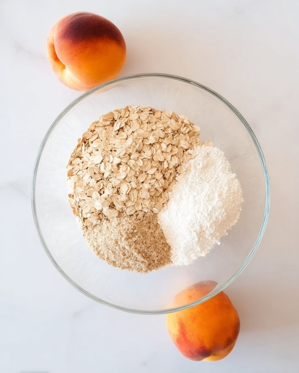 A clear glass bowl is placed on a white marbled surface, containing four separate sections of dry ingredients. One section holds light beige rolled oats with a rough texture, another has a fine, off-white powder resembling flour, the third contains a light brown granulated substance, and the last section is filled with a white powdery ingredient. Two whole peaches with fuzzy orange skin are placed on the white marbled surface, one above and one below the bowl. The arrangement is clean and simple, with soft natural light. photo taken with an iphone --ar 4:5 --v 7