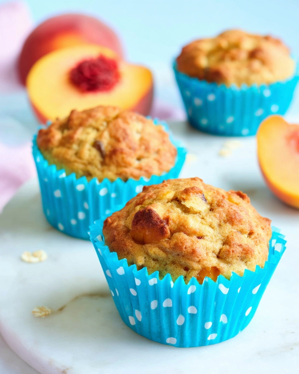 Three muffins sit on a white marbled surface, each in a bright blue cupcake liner with white polka dots. The muffins have a golden brown top with a rough texture and visible chunks of fruit embedded inside, giving a slightly uneven surface. Behind them, there is a halved peach with yellow and pink flesh blurred softly in the background, adding a warm color contrast. The overall setting feels bright and fresh. photo taken with an iphone --ar 4:5 --v 7