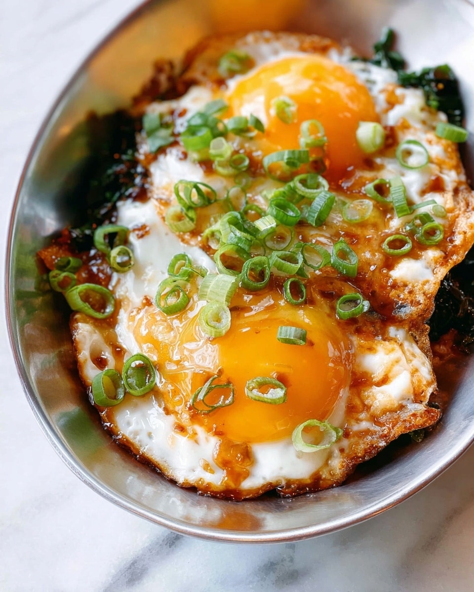 The image shows a close-up of a bowl with two fried eggs on top. The eggs have bright yellow yolks and white, slightly crispy edges with some brown spots. Thinly sliced green onions are sprinkled over the eggs, adding a fresh green color. Underneath the eggs, there appears to be dark sauce and cooked greens that add dark green and brown tones. The bowl is white and sits on a white marbled surface. The photo taken with an iphone --ar 4:5 --v 7