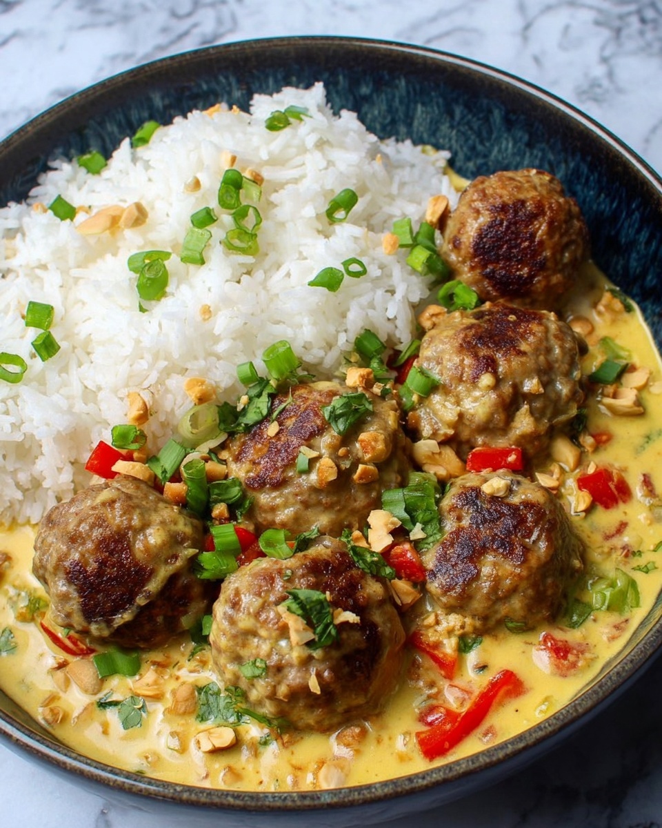 The dish shows a deep bowl filled with two main layers: on one side is a mound of fluffy white rice with soft texture, while the other side holds seven browned meatballs covered in a creamy yellow sauce. The sauce has visible pieces of red and green bell peppers and chopped green onions scattered over and around the meatballs. The meatballs look moist with some small nuts sprinkled on top, adding texture. The bowl sits on a white marbled surface, and the photo has a warm, close-up view that highlights the food details well. photo taken with an iphone --ar 4:5 --v 7