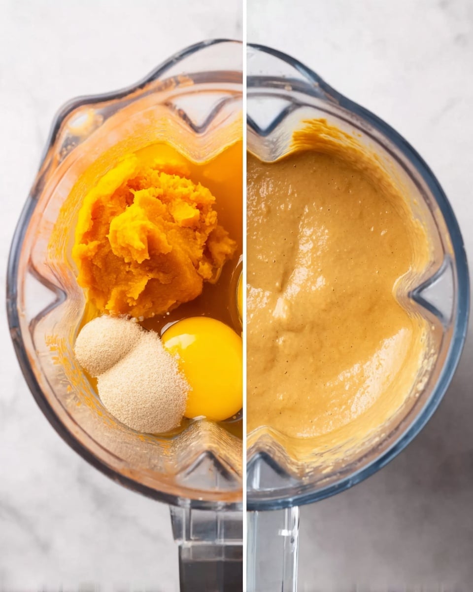 The image shows two side-by-side photos of a clear blender pitcher on a white marbled surface. On the left, the blender contains separate ingredients: bright orange pumpkin puree, two yellow egg yolks, some beige creamy substance, and a small amount of brown liquid, all clearly unmixed. On the right, the blender shows the same ingredients fully mixed into a smooth, light brown batter with a creamy and slightly thick texture, filling most of the blender container. Photo taken with an iphone --ar 4:5 --v 7