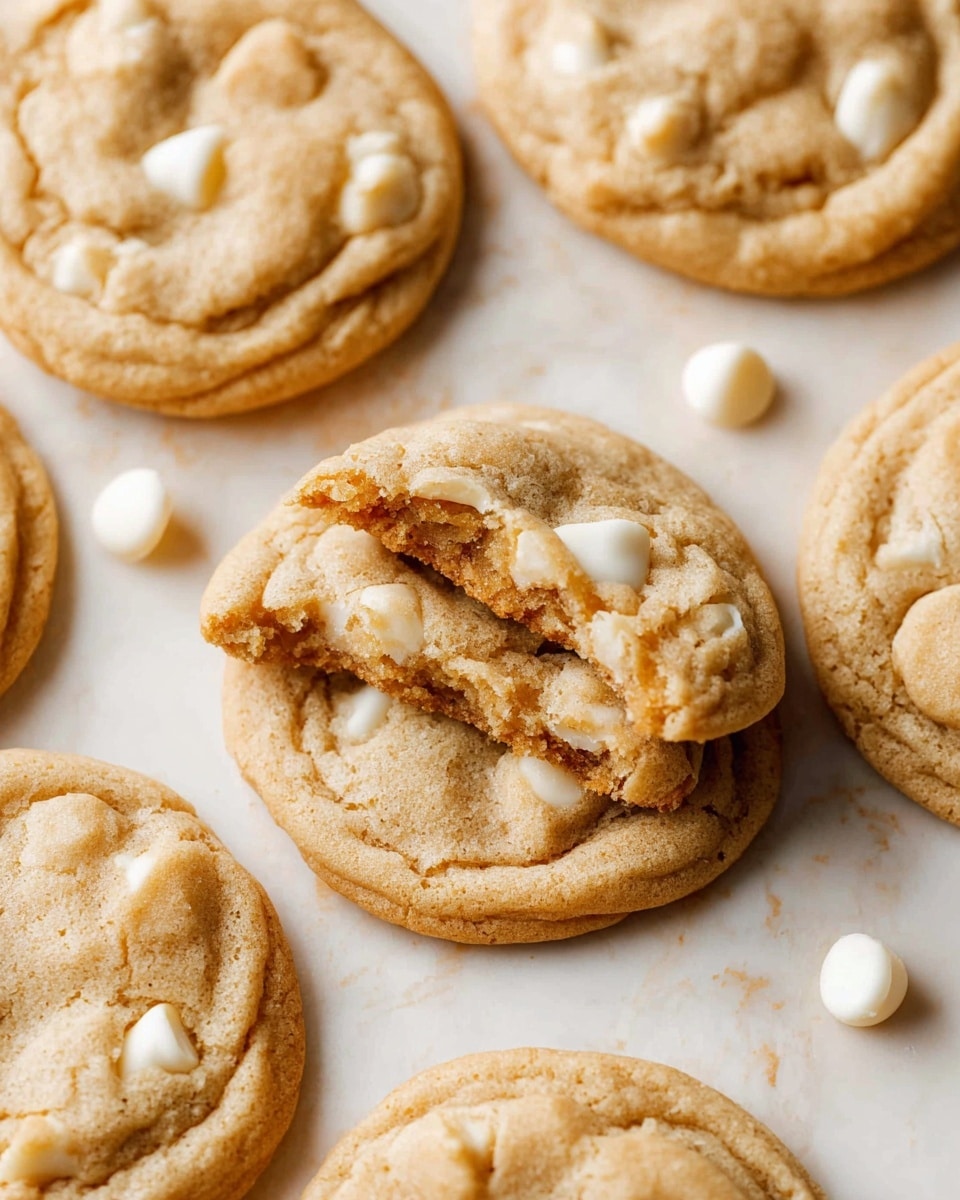 A group of soft, light brown cookies with visible white chocolate chips spread across a white marbled surface are shown. One cookie is broken in half, revealing a soft, crumbly inside with white chocolate chips embedded. The cookies have a slightly cracked top texture and are placed closely together with a few loose white chocolate chips scattered around. photo taken with an iphone --ar 4:5 --v 7