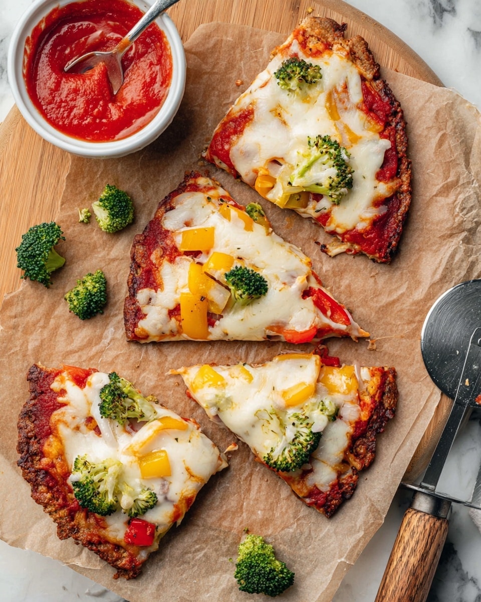 The image shows four slices of pizza with three visible layers: a dark brown crust on the bottom, a red sauce layer in the middle, and a melted layer of white cheese on top that lightly browns at the edges. The pizza is topped with pieces of green broccoli, yellow bell peppers, and some red and white bits that look like tomato and onion. The slices are placed on brown parchment paper over a light wooden board. To the top left, there is a white bowl filled with bright red tomato sauce and a spoon scooping some sauce. Small broccoli pieces are scattered around the pizza slices on the parchment paper, and a metal spatula with a wooden handle holds one of the pizza slices. The surface under the board is a white marbled texture. photo taken with an iphone --ar 4:5 --v 7