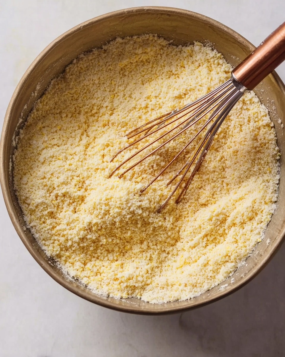 A close-up view of a beige metal bowl filled with a powdery mix of fine yellow and white grains, creating a rough and crumbly texture. A metal whisk with a copper handle is placed in the bowl, partially immersed and stirring the mixture. The bowl sits on a white marbled surface, with soft shadows around it, showing a clean and simple kitchen setting. Photo taken with an iphone --ar 4:5 --v 7