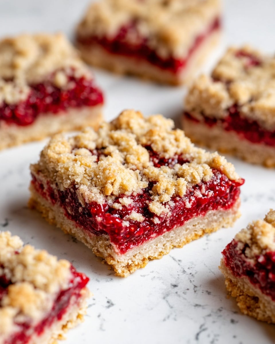 The image shows several square oat bars with three visible layers: the bottom layer is a light beige oat crust, the middle layer is a thick, bright red raspberry filling with visible seeds and a juicy texture, and the top layer is a crumbly golden oat topping that is unevenly spread, giving a rustic look. The bars are placed on a white marbled surface, with one bar in clear focus in the center and others blurred in the background, creating depth. The texture looks soft and crumbly, with the vibrant red filling contrasting strongly with the lighter oat layers. photo taken with an iphone --ar 4:5 --v 7