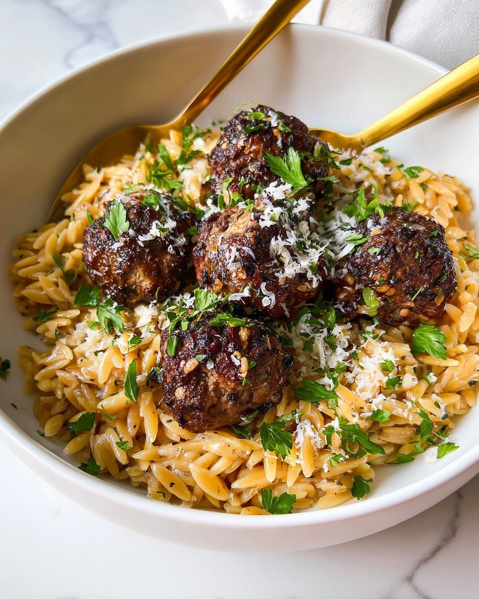 A white bowl filled with a base layer of golden brown toasted orzo pasta, textured with slight shine and small pieces of herbs mixed in. On top, there are five dark brown, round meatballs clustered in the center showing a crisp exterior with bits of green herbs and melted grated white cheese sprinkled over them. Fresh bright green parsley leaves are scattered on the meatballs and around, adding pops of color. At the back edge inside the bowl, two gold-colored spoons rest, catching the light. The bowl sits on a white marbled surface with soft natural lighting. Photo taken with an iphone --ar 4:5 --v 7