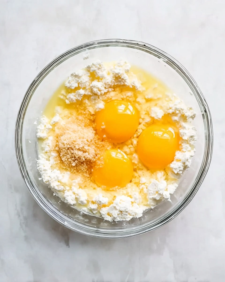 A clear glass bowl sits on a white marbled surface, holding three raw eggs with bright yellow yolks and clear egg whites. Around the eggs is a layer of white cottage cheese with a slightly chunky texture scattered evenly. Near the eggs, there is a small mound of light tan minced or crushed garlic, adding a different texture and color. The bowl is viewed from above, showcasing all ingredients clearly. photo taken with an iphone --ar 4:5 --v 7