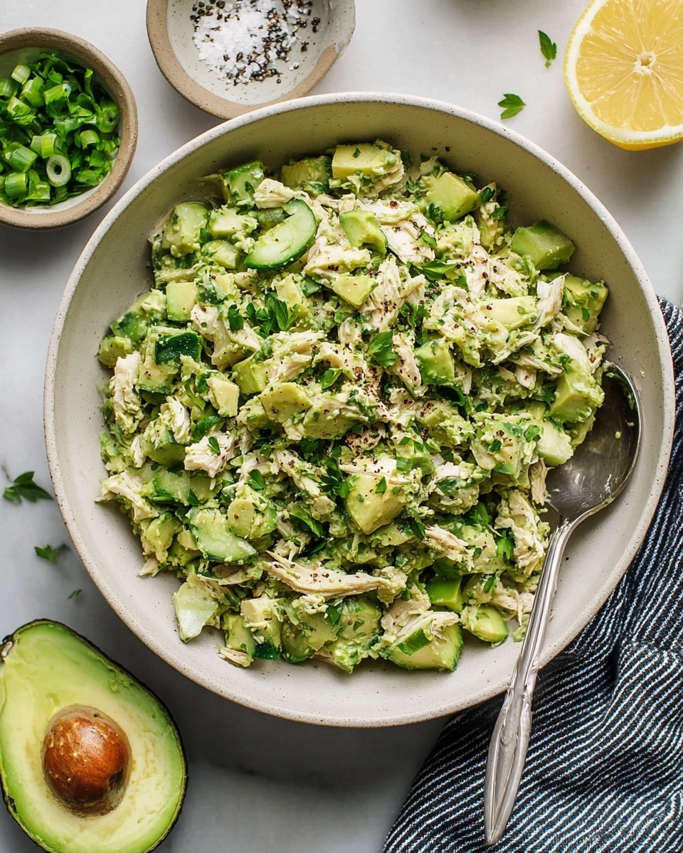 A close-up view of a bowl filled with a chunky green salad made from diced avocado, chopped cucumber, shredded light chicken, and fresh green herbs all mixed together, sprinkled with black pepper on top; the light-colored bowl is set on a white marbled texture with a silver spoon resting inside the bowl's right side; around the bowl, there are small dishes with green chopped onions and white salt with black pepper, a halved avocado showing its seed and green flesh, and a lemon cut in halves, a striped cloth napkin appears near the bottom right corner. photo taken with an iphone --ar 4:5 --v 7
