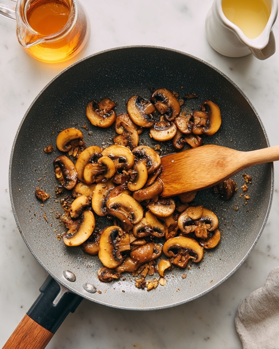 The image shows a gray non-stick frying pan filled with slices of browned mushrooms being stirred with a flat wooden spatula. The mushrooms are golden brown with some darker edges, and they look slightly crisp. Around the pan’s top edge, there are some crumbs and bits, adding texture. The pan handle is black with a wooden grip. To the right, there is a glass container with amber liquid and a white pouring jug with a creamy liquid, all placed on a white marbled surface. Photo taken with an iphone --ar 4:5 --v 7