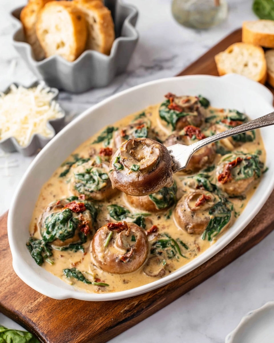 A white oval plate filled with whole cooked mushrooms in a light brown creamy sauce, mixed with wilted green spinach and bits of red sun-dried tomatoes, all resting on a wooden board. A silver fork holds up one mushroom, showing its smooth, browned cap with bits of spinach and tomato on top. In the background, there is a bowl with sliced toasted bread and pieces of bread on the white marbled surface. A small gray flower-shaped bowl filled with grated cheese is also visible. Photo taken with an iphone --ar 4:5 --v 7
