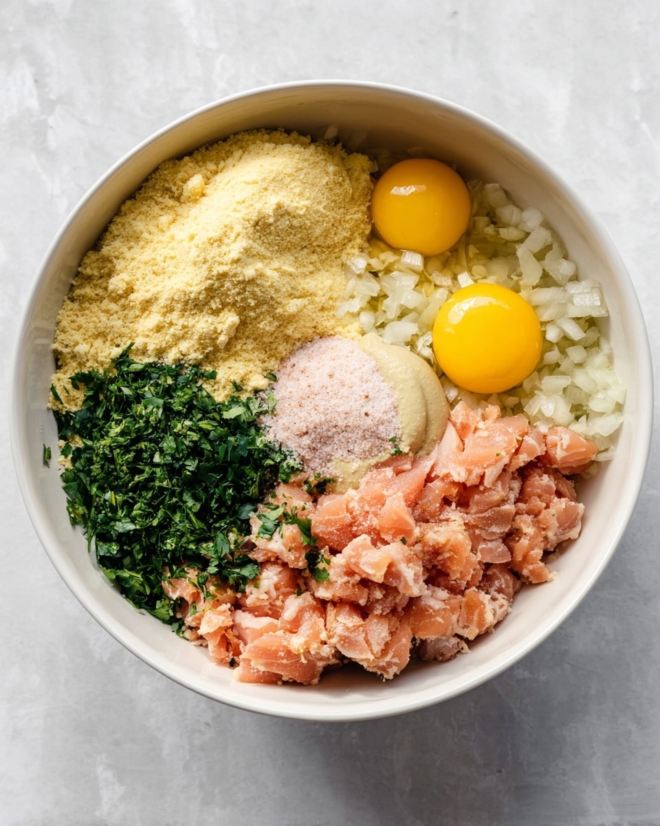 In a white bowl, there are several ingredients arranged side by side as separate layers before mixing. On the left side, there is light yellow grated cheese with a powdery texture. Below it, there is a bright green chopped fresh herb layer. Below the herbs, there is a creamy light beige dollop of mustard. To the right, occupying much of the bowl, there are soft pieces of pink cooked fish. On the upper right side, there is a layer of cooked translucent diced onions mixed with a light grain. At the center right, two raw whole yellow egg yolks sit close together. A small mound of fine pink salt is just above the cheese. The bowl is on a white marbled surface. Photo taken with an iphone --ar 4:5 --v 7