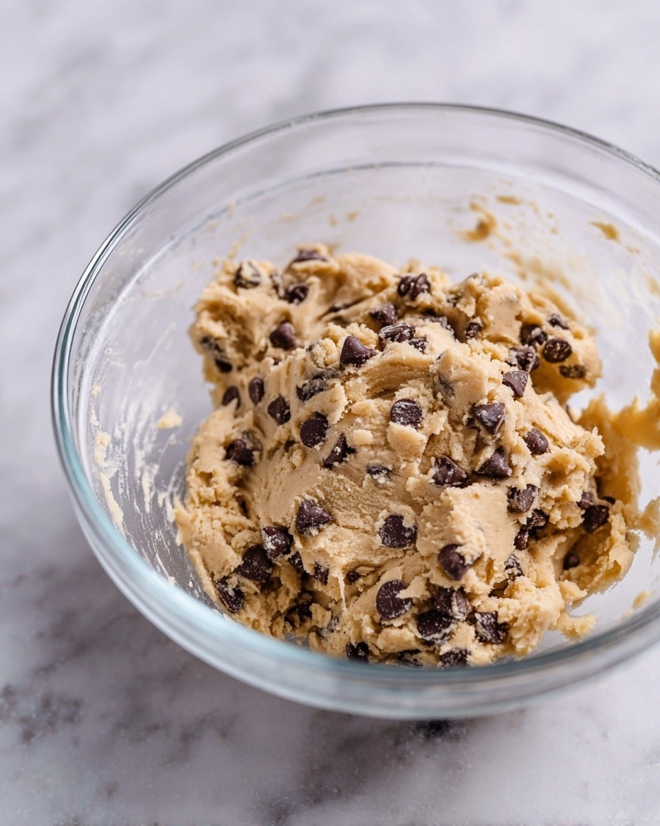 A clear glass bowl filled with cookie dough mixed with many small dark brown chocolate chips, the dough is light brown and thick with a slightly rough texture, some dough sticks a little to the sides of the bowl, all placed on a white marbled surface. photo taken with an iphone --ar 4:5 --v 7