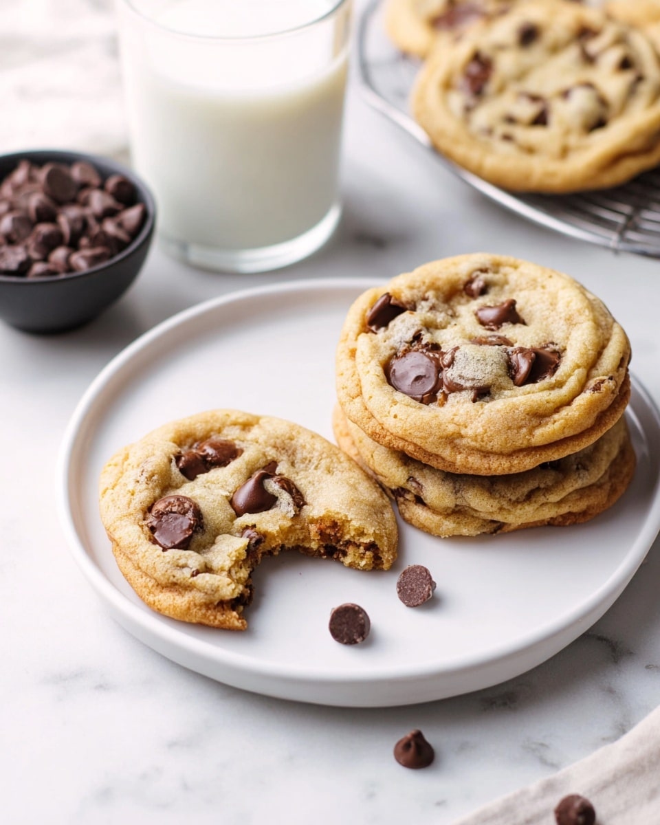 The image shows a white plate on a white marbled surface with three chocolate chip cookies. Two cookies are stacked on the right side of the plate, with a golden-brown color and dark chocolate chips on top. The third cookie lies flat on the left side of the plate and has a bite taken out of its right edge, revealing a soft, light brown inside with scattered chocolate chips. Behind the cookies, there is a glass of white milk. Around the plate on the white marbled surface, there are a few loose chocolate chips and a small black bowl filled with more dark chocolate chips. Photo taken with an iphone --ar 4:5 --v 7