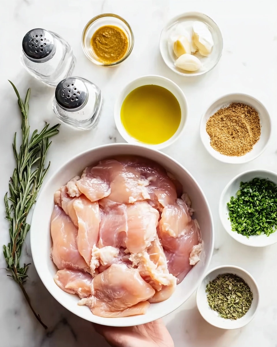 A white bowl filled with several pieces of raw, light pink chicken layered inside, surrounded by small white bowls each holding different ingredients: light brown mustard on one, golden oil on another, honey-colored liquid, bright green chopped herbs in two separate bowls, pale garlic cloves, dried mixed spices, and fresh green rosemary sprigs. Two clear glass shakers with salt and black pepper stand at the top on a white marbled surface. A woman's hand is holding the white bowl with raw chicken from the right side. photo taken with an iphone --ar 4:5 --v 7