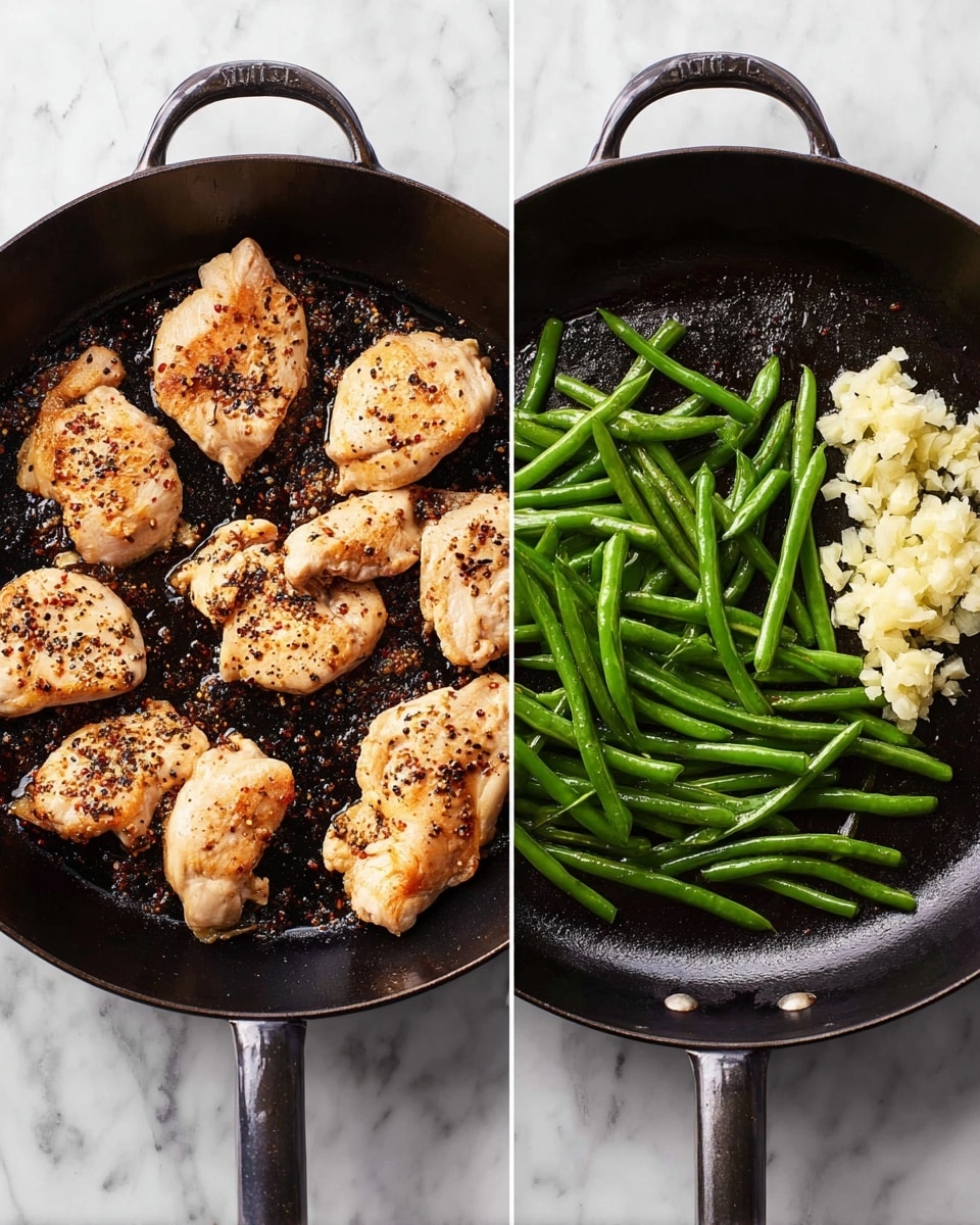 The image shows two black cast iron pans on a white marbled surface side by side. The left pan contains eight pieces of cooked chicken, browned with a light golden color, seasoned with black pepper and spaced evenly around the pan. The right pan has fresh green beans spread loose on one side, while minced garlic sits in a small pile on the opposite side against the dark surface of the pan. The pans have short handles and glossy textures, with some oil and seasoning marks visible. The photo taken with an iphone --ar 4:5 --v 7
