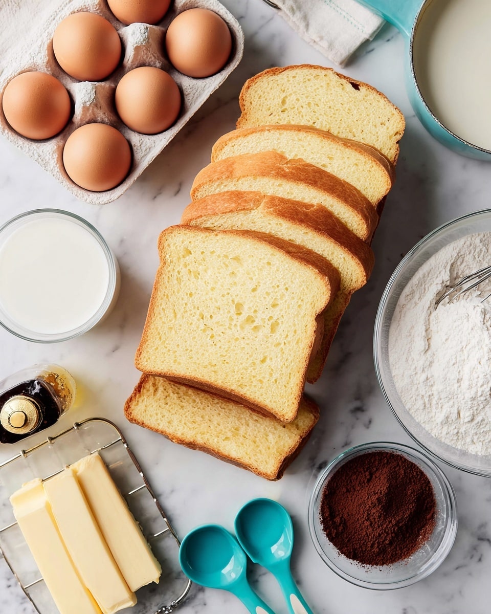 The image shows seven slices of light golden brown bread stacked slightly off-center on a white marbled surface, with soft texture and visible air holes inside the slices. To the top left, four brown eggs sit in a white egg tray. A clear glass cup holds white milk to the bottom left, near a stick of light yellow butter wrapped in paper. A small dark bottle with a gold rim is placed near blue measuring spoons on the right, with the spoons showing a matte finish. There is a light blue small bowl filled with dark brown powder, and a clear glass bowl with white powdered sugar and a fine metal sifter nearby. Part of a white pan with a turquoise handle is visible at the top right corner. photo taken with an iphone --ar 4:5 --v 7
