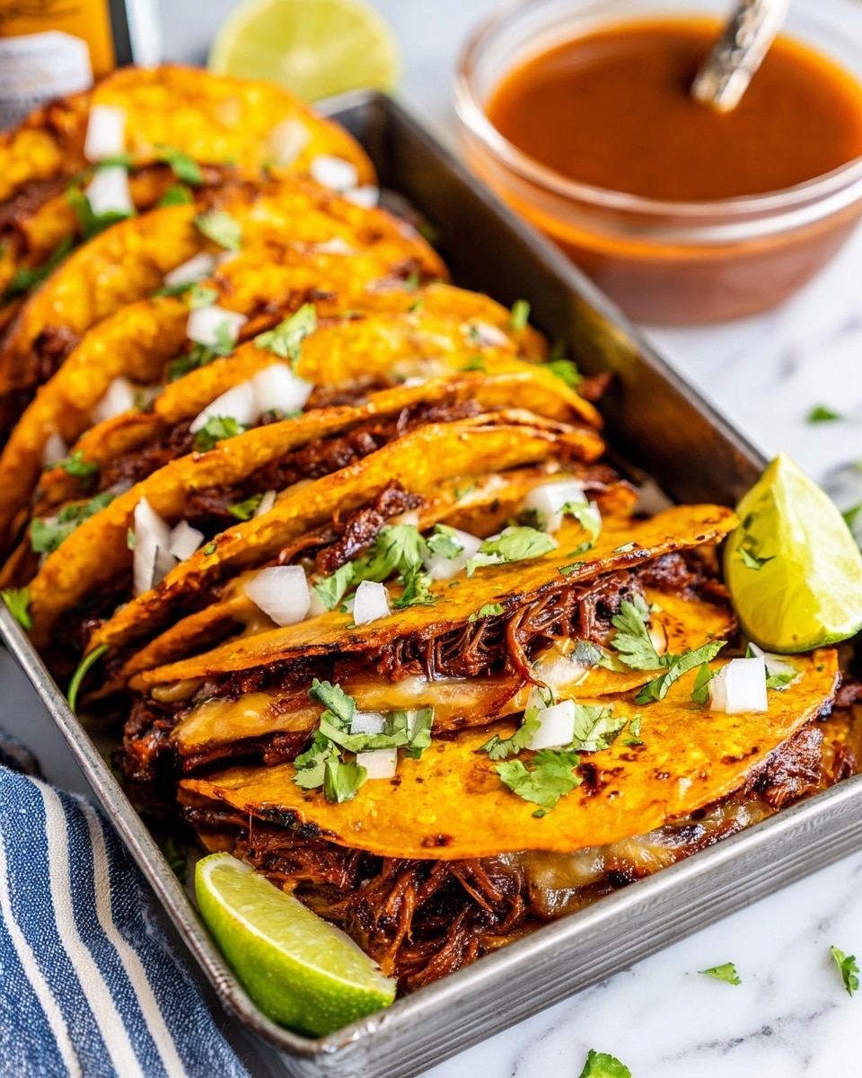 The image shows a metal tray filled with several folded tacos arranged closely, each taco having three visible layers: a crispy, browned orange tortilla outer layer, a dark brown shredded meat middle layer, and melted light brown cheese peeking inside. The tacos are topped with small white onion pieces and fresh green cilantro leaves scattered on top. A lime wedge sits near the tacos in the tray’s corner. In the background, a clear bowl of reddish-brown sauce is partially visible, all placed on a white marbled surface with a blue and white striped cloth partially under the tray. Photo taken with an iphone --ar 4:5 --v 7