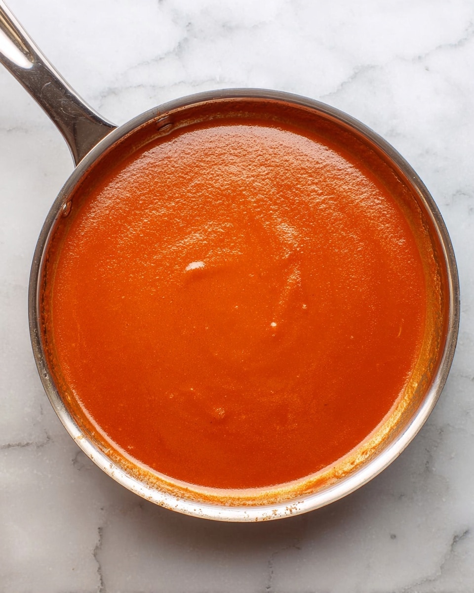A round stainless steel pan filled with a smooth, thick layer of reddish-orange sauce covering the entire inside of the pan evenly, sitting on a white marbled surface. The sauce has a shiny, slightly glossy texture with some subtle darker and lighter orange tones near the edges. The pan handle extends to the left side and is clean and polished. Photo taken with an iphone --ar 4:5 --v 7