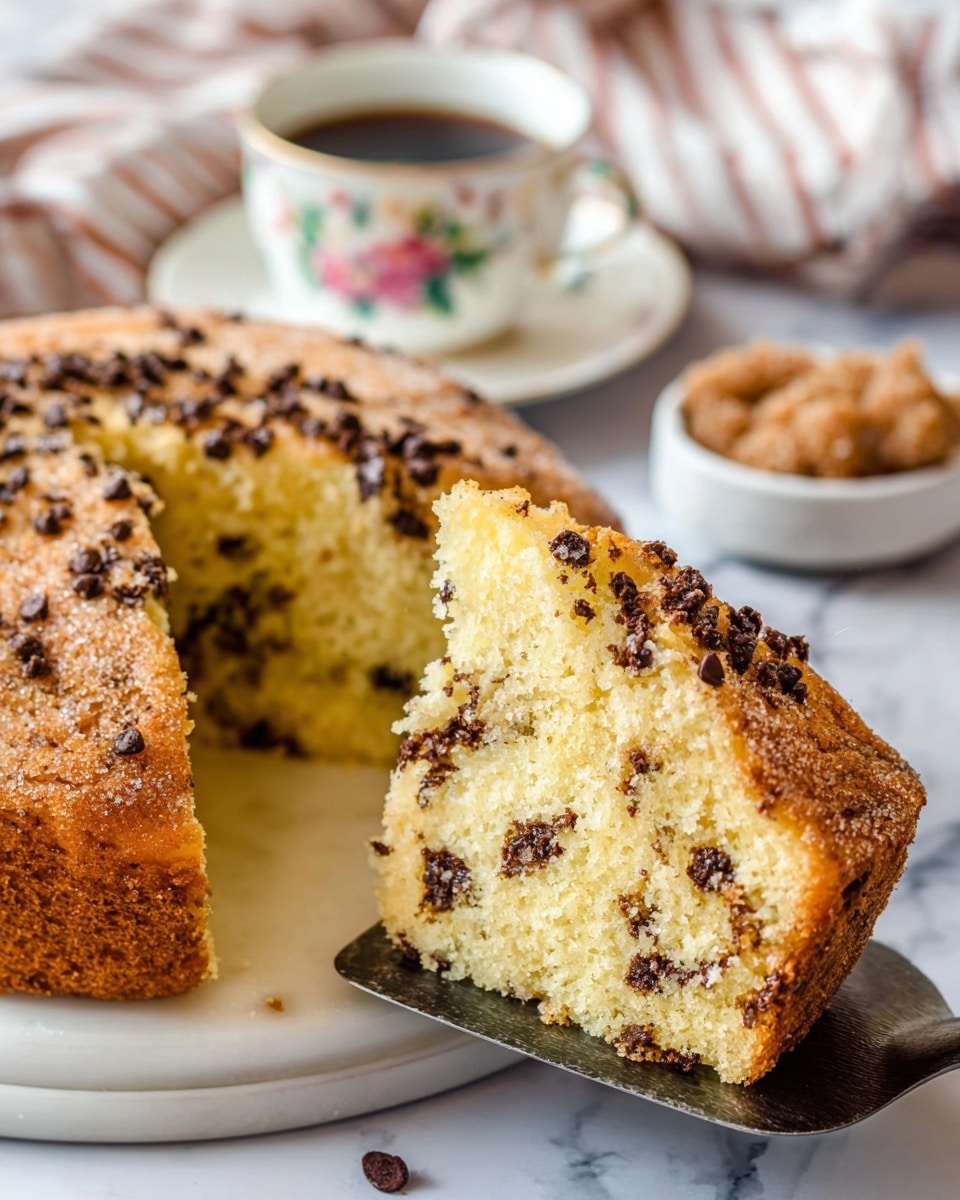 A thick slice of light golden cake with a soft, fluffy texture is lifted by a dark spatula, showing small chocolate chips spread inside and on top of the cake. The full cake sits on a white plate with a slightly raised edge, revealing the dense, crumbly surface dotted with more chocolate pieces and a sugar-like crust. In the background, a white cup with floral designs holds dark coffee, and a small white dish filled with brown sugar crystals sits on a table covered with a white marbled texture. A striped cloth is softly blurred behind the objects, adding warmth to the scene. Photo taken with an iphone --ar 4:5 --v 7