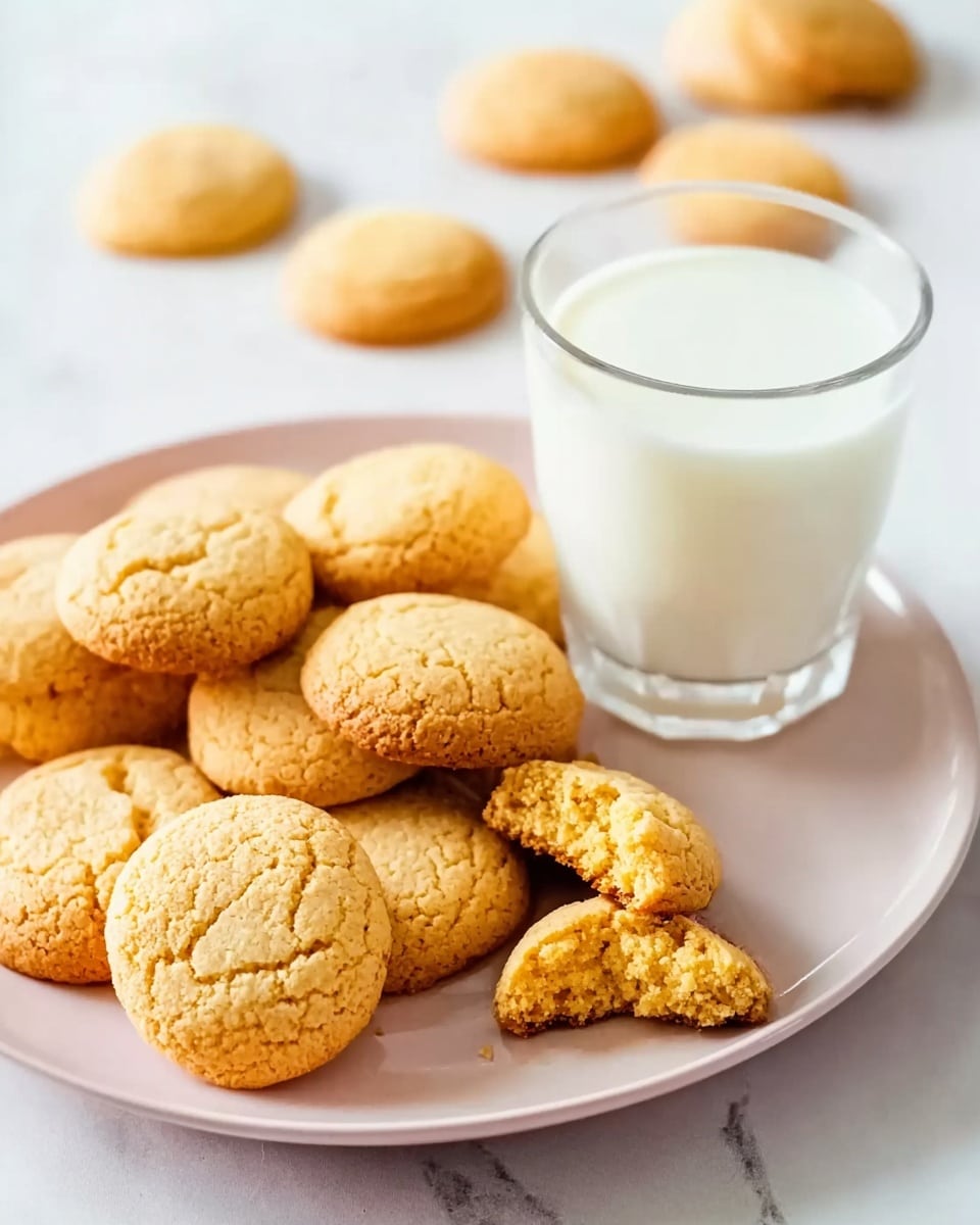 A white plate with a light pink rim is filled with several small golden brown cookies, some stacked and some spread out. In the front, one cookie is broken in half, showing a soft, crumbly inside. Next to the plate, there is a clear glass filled with white milk. In the background, there are more golden brown cookies scattered on a white marbled surface. The overall scene is bright and simple, with soft natural lighting. photo taken with an iphone --ar 4:5 --v 7
