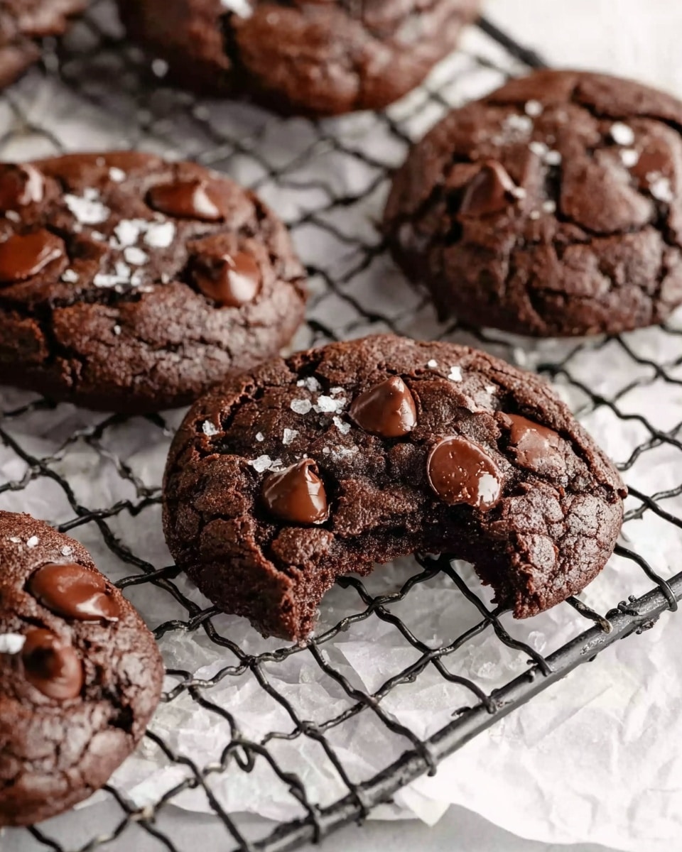 A close-up view of dark chocolate cookies on a black wire cooling rack, placed over white parchment paper on a white marbled surface. The cookies are thick with cracked tops showing soft, dense texture inside. Chocolate chips are scattered on and inside the cookies, with one cookie in the front having a bite taken out, revealing the moist interior. Some cookies have a sprinkle of coarse salt on top, adding texture contrast. The overall color is deep brown with glossy chocolate chips. Photo taken with an iphone --ar 4:5 --v 7