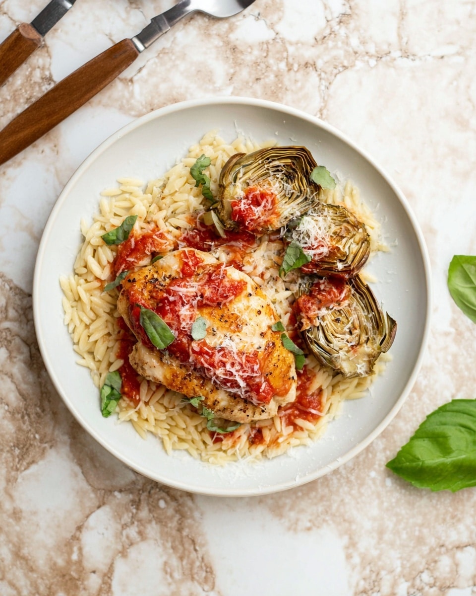 A white plate shows a bed of pale yellow orzo pasta as the base layer. On top, there is a cooked piece of chicken with a light golden color, covered with red tomato sauce and sprinkled with grated cheese. Around the chicken, there are three pieces of roasted artichoke, showing dark green and brown roasted outer leaves, also topped with tomato sauce and cheese. Fresh green basil leaves are scattered mostly on the pasta and one on the plate’s edge. The plate rests on a white marbled surface with brown wooden fork and knife placed to the left. Photo taken with an iphone --ar 4:5 --v 7