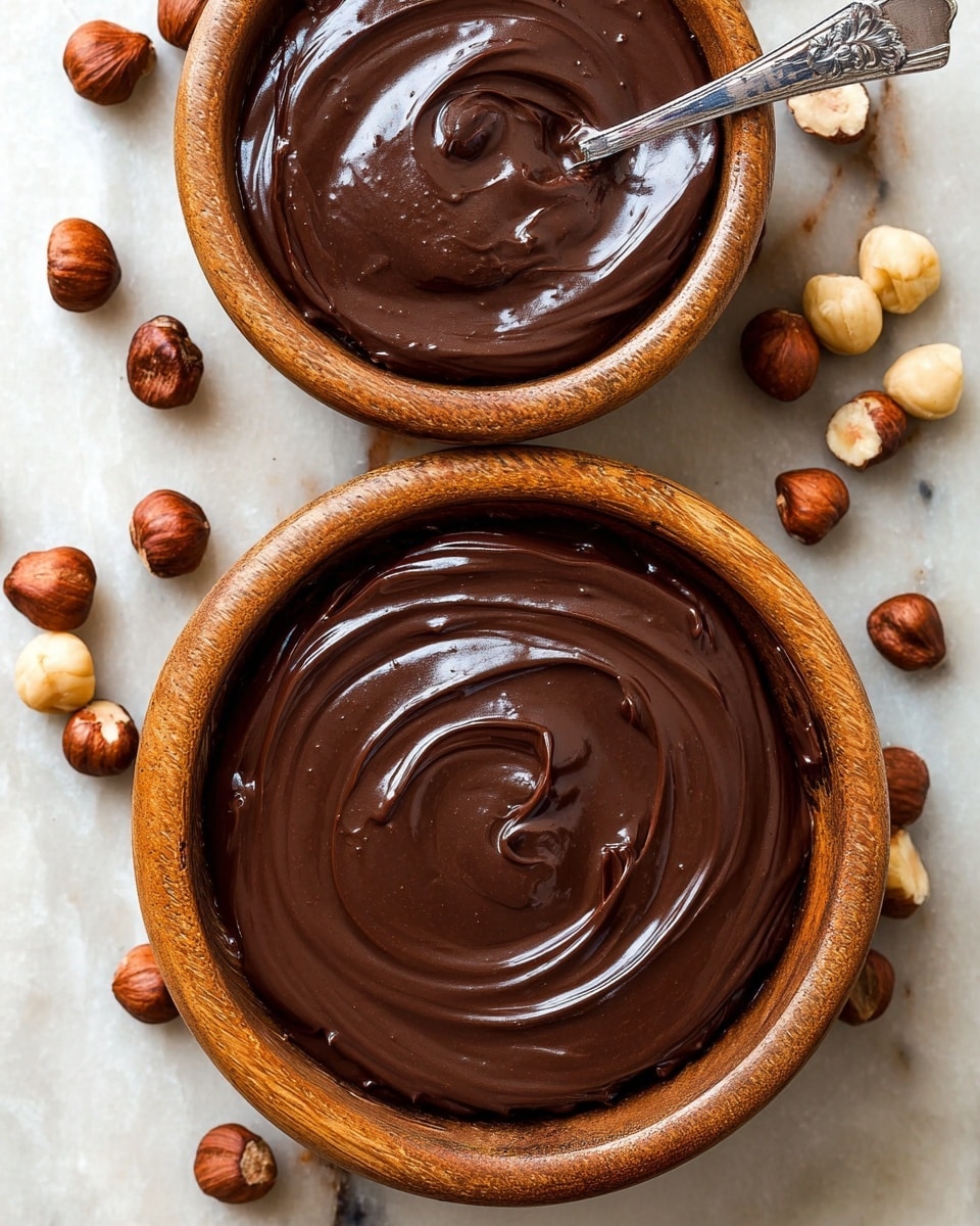 Two round wooden bowls filled with smooth, thick, glossy dark chocolate spread. Each bowl has rich swirls in the chocolate surface showing a creamy texture. One bowl at the bottom center is fully visible, while the top bowl is partially visible with a silver butter knife resting inside. Around the bowls, there are scattered whole hazelnuts of light tan and brown colors. The background is a white marbled texture. Photo taken with an iphone --ar 4:5 --v 7