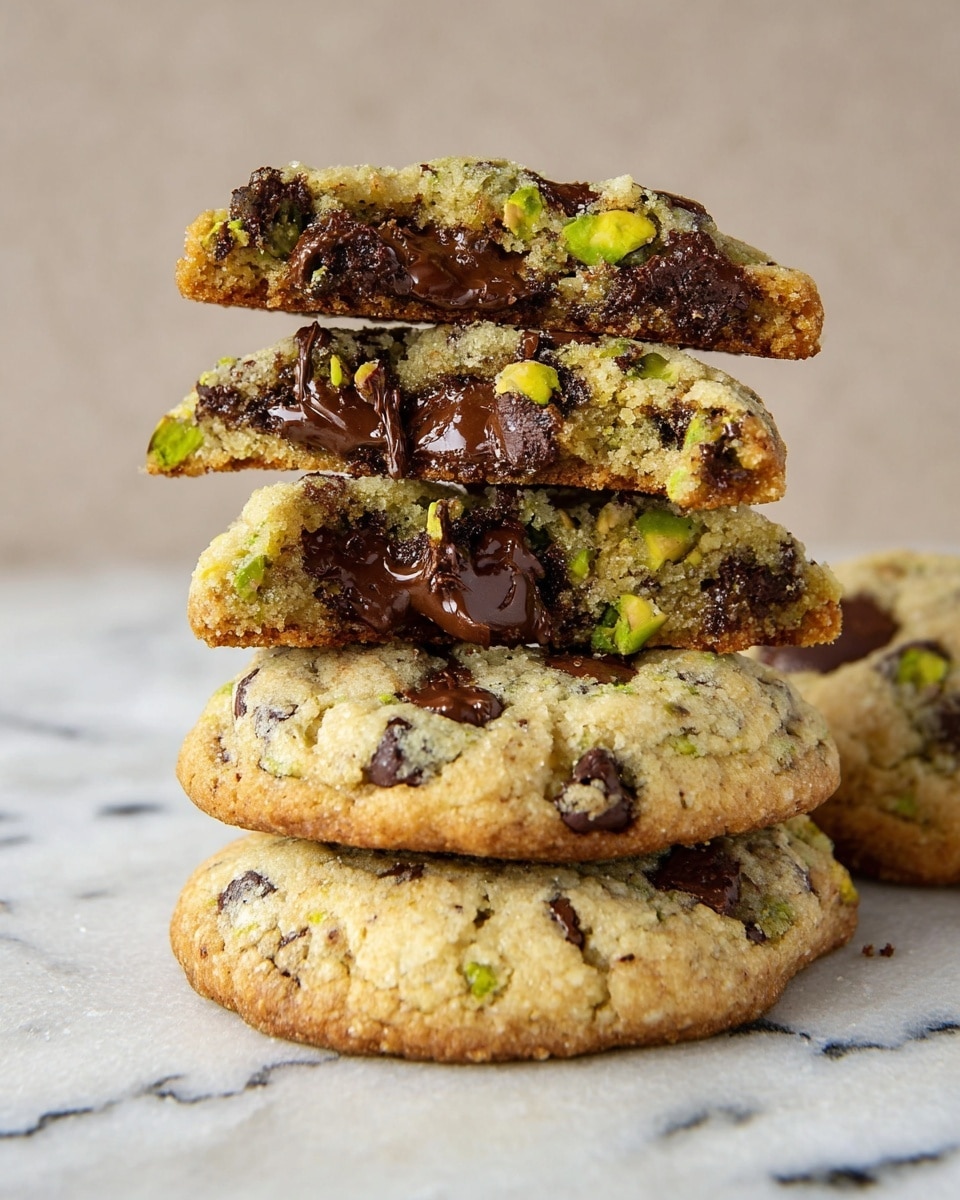 A stack of four chocolate chip cookies is shown against a white marbled background. The bottom cookie is whole and light golden brown with visible dark chocolate chunks and green pistachio pieces. Above it, three cookies are stacked broken in half, showing melted dark chocolate layers that look soft and rich, mixed with pistachio chunks in the light, crumbly cookie dough. The texture of the cookies is rough and slightly crumbly, with gooey dark chocolate and bright green pistachio bits spread throughout. Photo taken with an iphone --ar 4:5 --v 7
