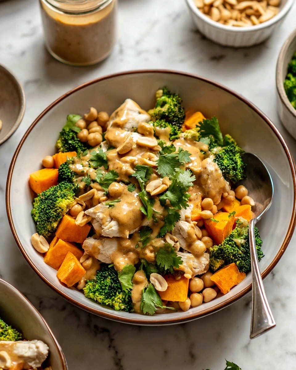 The dish is presented in a white bowl with a brown rim, filled with several layers: at the bottom are chunks of white cooked chicken, bright green broccoli florets, and orange cubed sweet potatoes. Over these, light yellow chickpeas are scattered throughout. A thick, creamy tan sauce is drizzled unevenly on top, pooling in some areas. The dish is garnished with whole pale peanuts and fresh green cilantro leaves spread across the surface. A silver spoon rests on the right side inside the bowl. The setting includes a white marbled surface with other bowls and a jar partially visible around the main bowl. photo taken with an iphone --ar 4:5 --v 7
