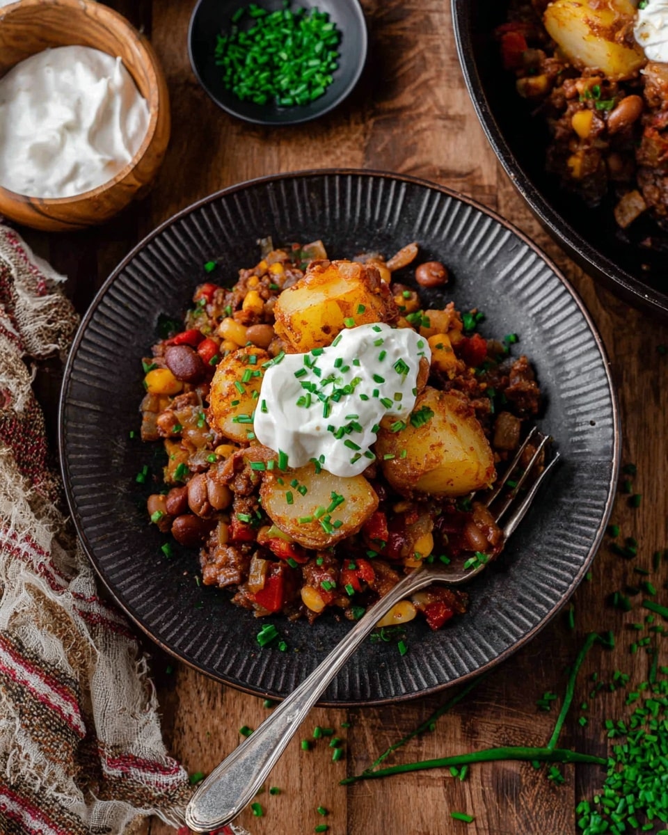 The dish is served on a dark plate with a textured edge on a wooden surface. The main part has a layer of cooked potatoes, golden-brown in color with a slight crisp on the edges, placed on top of a mixed base of beans and small diced vegetables in reddish hues, plus chunks of browned meat. On top of the potatoes is a dollop of white sour cream sprinkled with bright green chopped chives. A silver fork rests on the plate with some chives scattered around. Nearby is a wooden bowl filled with more white sour cream and a small black bowl with green chopped chives. The whole setting is warm and rustic, with a cozy cloth visible in the corner. photo taken with an iphone --ar 4:5 --v 7