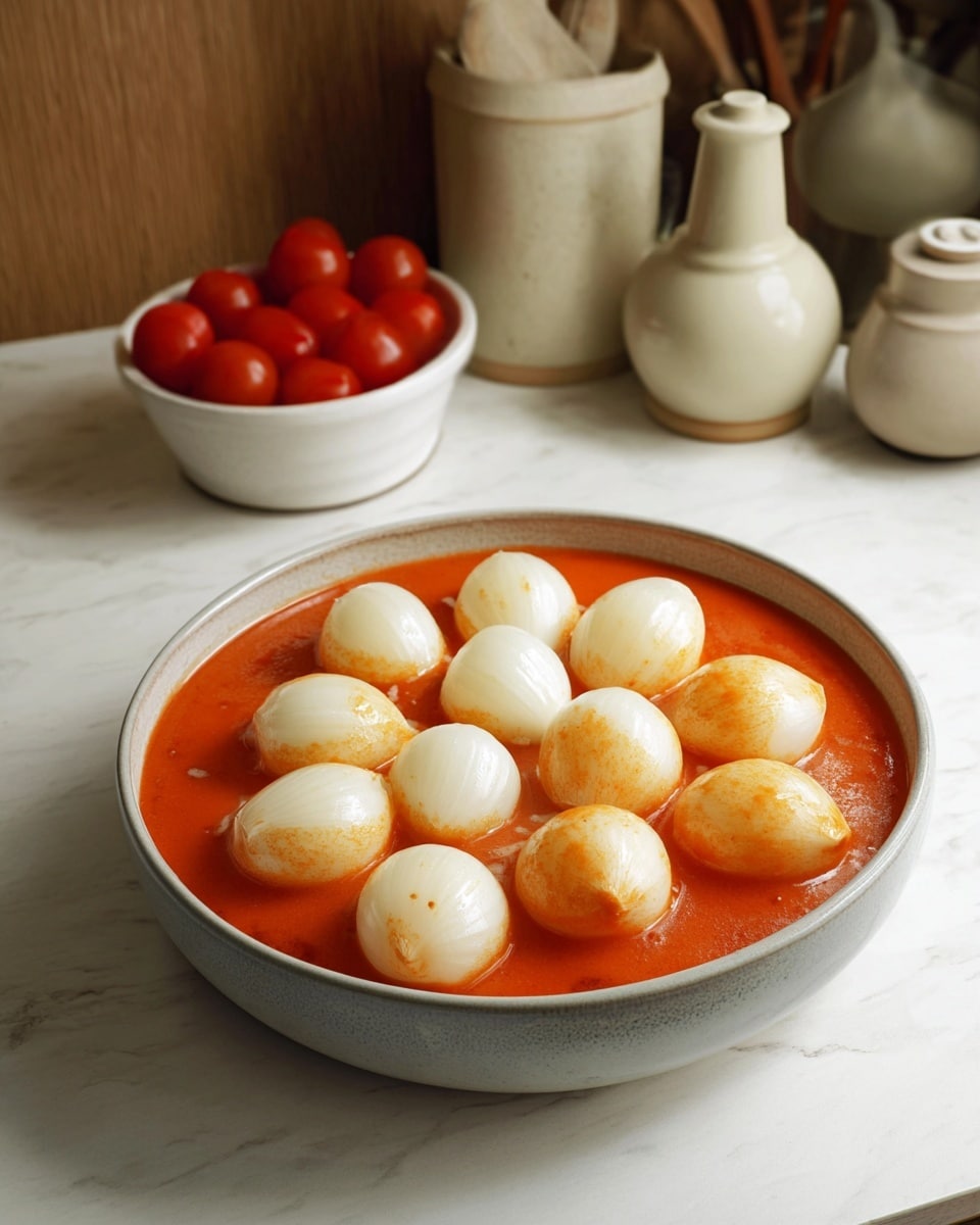 The image shows a light grey bowl with a round shape, filled with a bright orange-red sauce layer. On top of the sauce, there are around ten peeled small onions arranged in a circle inside the bowl, showing a shiny white and pale yellow texture. Behind the bowl, there is a small white bowl full of red cherry tomatoes on the white marbled surface, along with various ceramic kitchen items in soft beige and white tones against a wooden background. Photo taken with an iphone --ar 4:5 --v 7