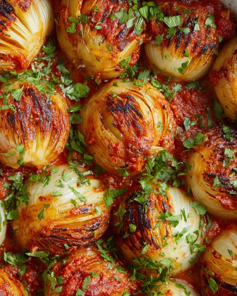 The image shows a close-up of multiple stuffed onions arranged tightly together, each cooked to a golden brown with slight charring and a shiny, soft texture. The onions have layers peeled back and filled with a rich, red tomato sauce that pools around and between them, adding a vibrant contrast. Bright green chopped herbs are scattered generously over the stuffed onions, adding freshness and color. The entire scene is set on a white marbled surface, highlighting the warm colors of the dish. photo taken with an iphone --ar 4:5 --v 7