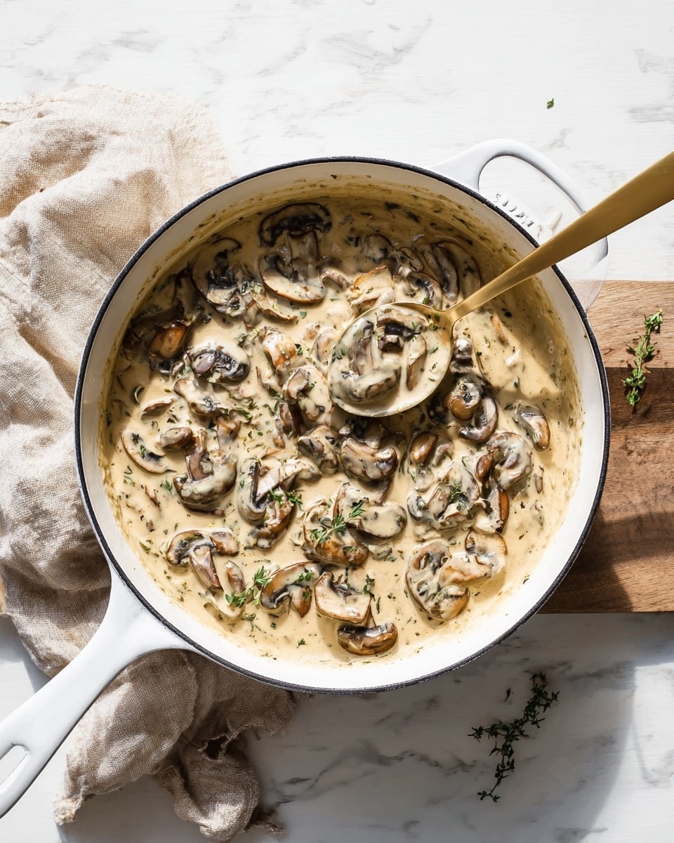 A white pan with a black interior is filled with a creamy mushroom dish. The dish has many slices of brown mushrooms mixed with a thick light beige sauce. There are small green herbs scattered throughout the sauce, adding detail. A gold spoon is scooping some of the creamy mushroom mix, positioned near the center. The pan is resting on a white marbled surface, and a beige cloth is placed next to the pan. The overall look is bright and natural with soft shadows. photo taken with an iphone --ar 4:5 --v 7