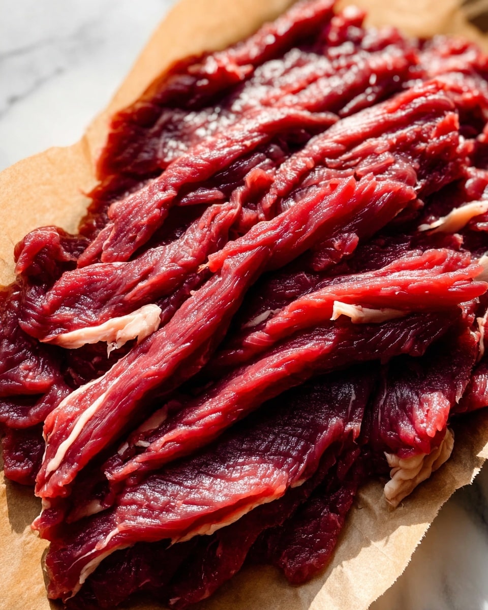 A close-up of many thin strips of raw red meat with white fat parts, laid out loosely on brown paper. The meat strips are layered unevenly, showing texture with some bright shiny spots from light reflecting. The edges of the paper can be seen under the meat, with the background being a white marbled surface. The flesh of the meat is deep red and the fat is pale beige, creating a strong color contrast. photo taken with an iphone --ar 4:5 --v 7