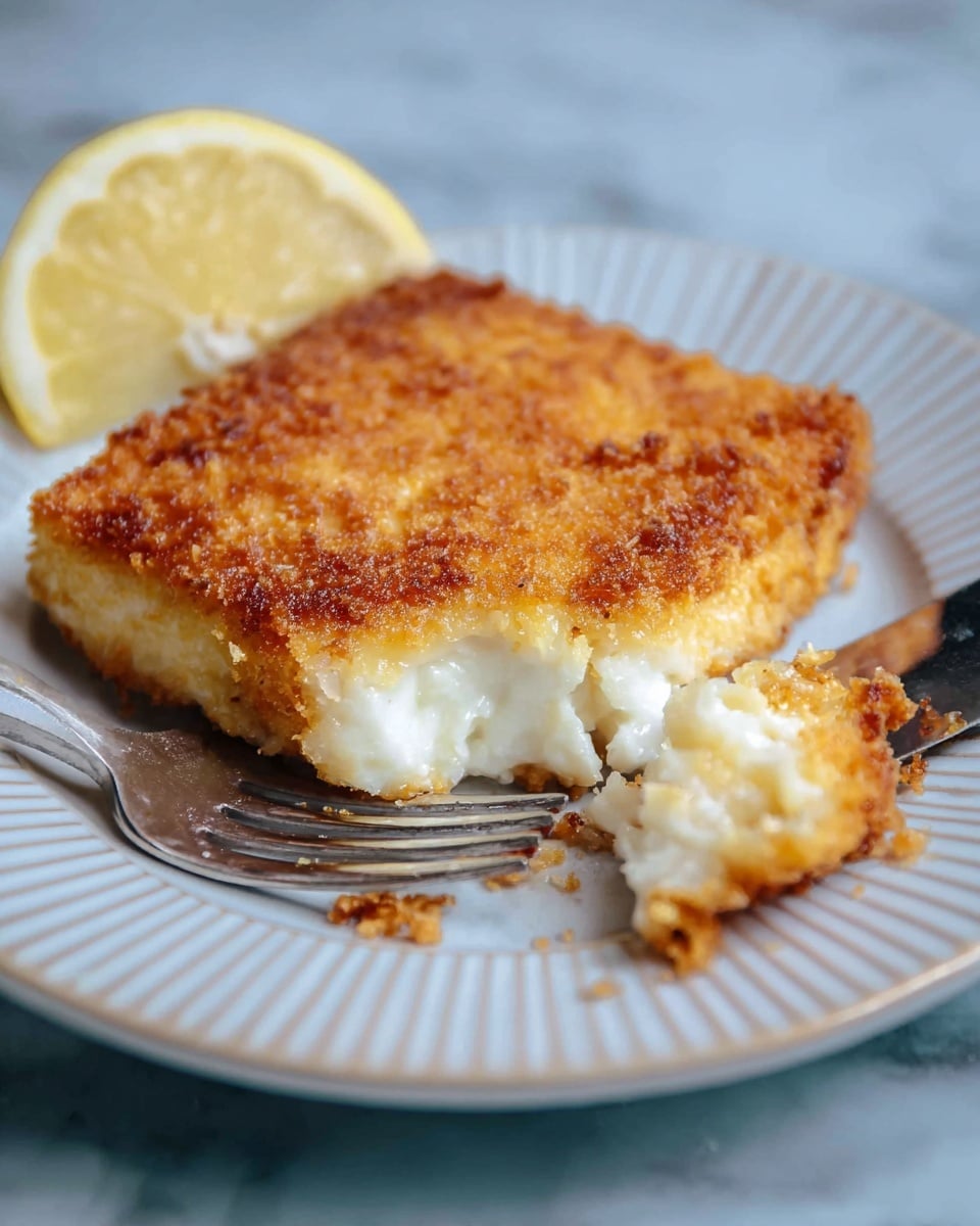 A square piece of fried food with a golden brown, crispy outer layer lies on a white plate with ridged edges. The inside shows a soft, white, creamy layer that looks smooth and moist. A lemon wedge sits at the top left corner of the plate. In the foreground, a fork and knife hold a smaller piece of the food, with crumbs scattered around it. The background is a white marbled surface. Photo taken with an iphone --ar 4:5 --v 7