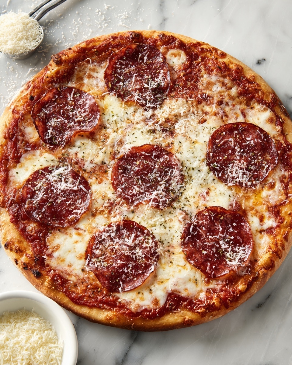 The image shows a round pizza with a golden brown crust that is thin and slightly crispy. The first layer is a light red tomato sauce spread evenly under melted white mozzarella cheese, which covers the pizza fully with a soft and slightly stringy texture. On top, there are several slices of dark red pepperoni, each sprinkled lightly with white grated parmesan cheese, spaced evenly around the pizza. The pizza sits on a white marbled surface with a small round white bowl filled with extra grated parmesan cheese nearby. The photo taken with an iphone --ar 4:5 --v 7