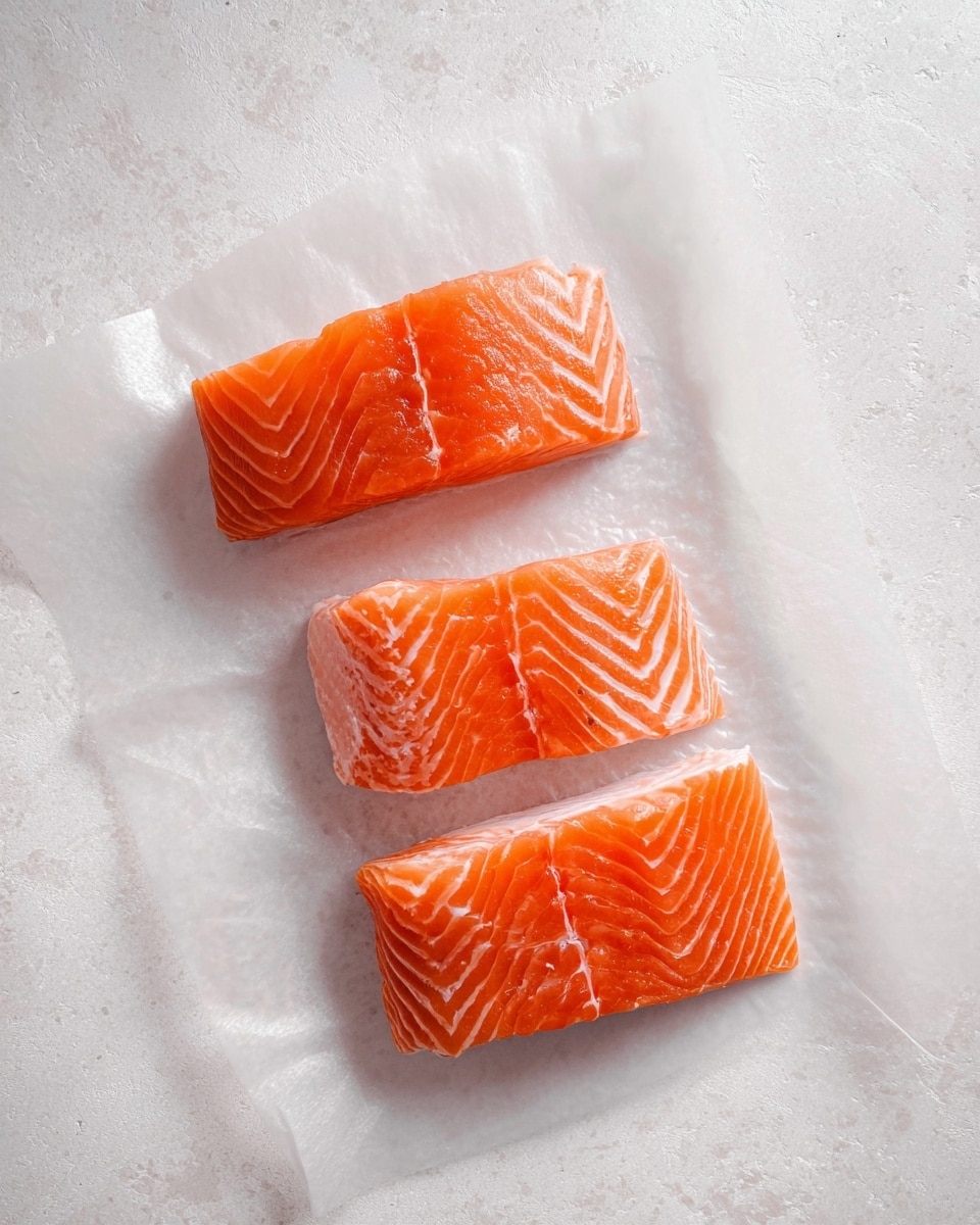 Three rectangular pieces of raw salmon with bright orange color and white lines showing the fat layers are placed on a white translucent sheet. The pieces are arranged in two rows, with two pieces on top and one piece below, all lying flat and close to each other. The background surface is a white marbled texture which softly contrasts the vivid salmon color. The image has soft natural lighting and a clean, simple composition. Photo taken with an iphone --ar 4:5 --v 7