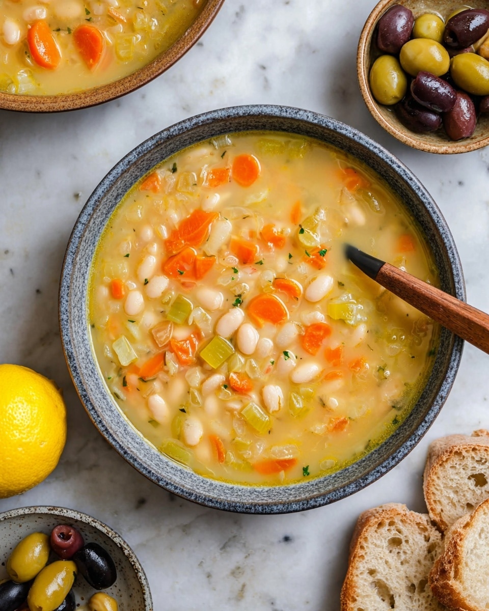 The image shows a large bowl of thick soup with visible layers of small white beans, orange carrot chunks, and small green pieces of celery and onion in a light yellow broth. A wooden spoon is resting in the bowl on the right side. Around this main bowl, there is a smaller bowl of mixed green and dark purple olives at the top right, with several slices of bread to its right. To the top left, there is part of another bowl filled with the same soup and just below it, a half lemon with a bright yellow color. All items are set on a white marbled surface. photo taken with an iphone --ar 4:5 --v 7