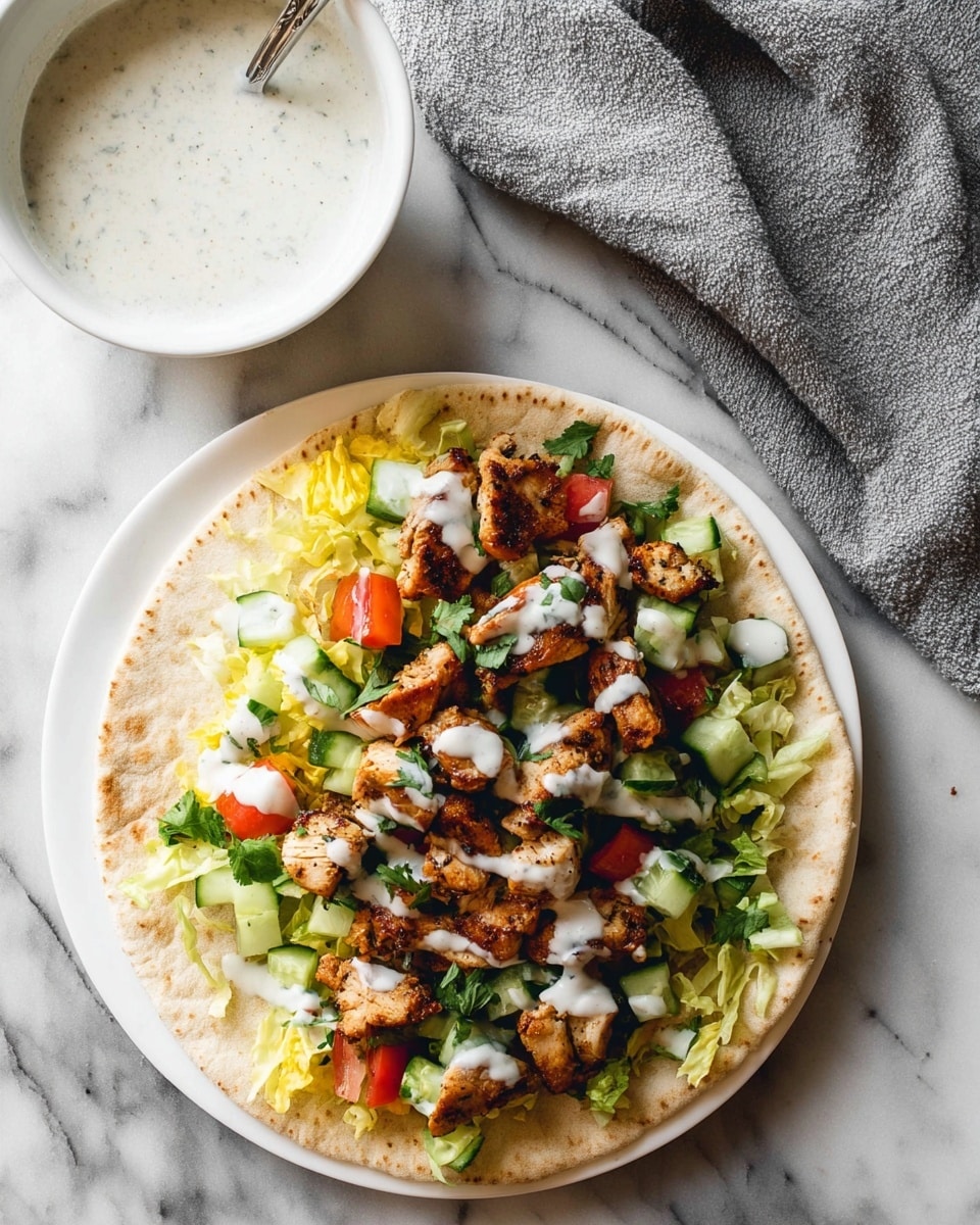 A white plate holds a pita flatbread topped with three layers: at the bottom, shredded bright yellow lettuce; above it, diced red tomatoes, green cucumbers, and chopped parsley mixed together; on top, browned grilled chicken pieces scattered unevenly. A light white sauce is drizzled over the chicken and vegetables. In the upper left corner, there is a small white bowl filled with a creamy whitish sauce with a spoon inside, all set on a white marbled surface with a soft textured gray cloth folded beside it. Photo taken with an iphone --ar 4:5 --v 7