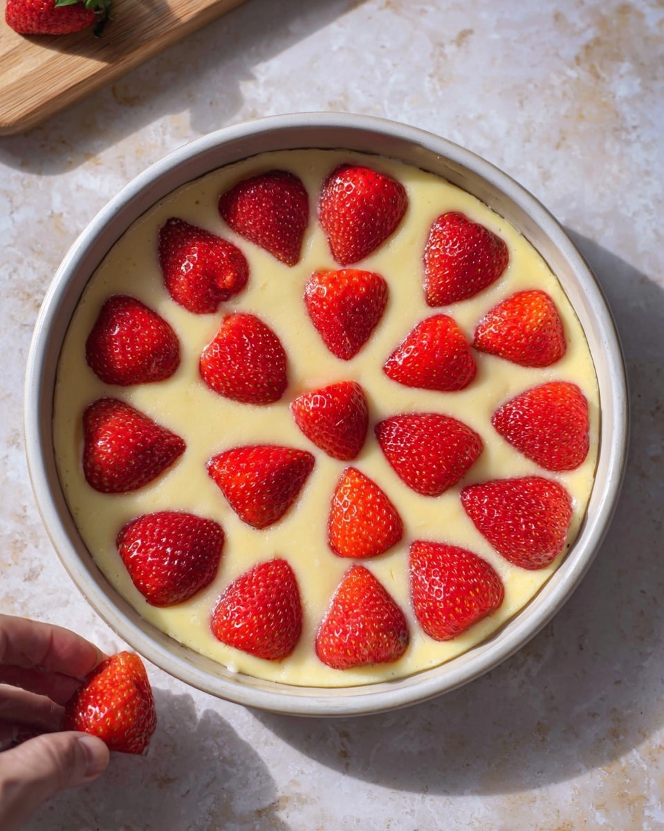 A close-up view of a round ceramic white plate filled with a creamy pale yellow batter. On top, there is a neat circle of whole red strawberries, arranged with their pointed sides facing inward and slightly pressed into the batter. The plate is placed on a white marbled texture surface, and a woman's hand is delicately holding a strawberry nearby. The lighting is natural, highlighting the shiny texture of the strawberries and the smoothness of the batter. photo taken with an iphone --ar 4:5 --v 7