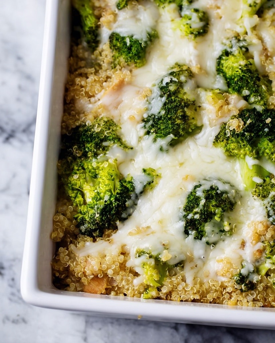 The image shows a close-up of a casserole dish filled with a layered broccoli quinoa bake. The bottom layer appears to be fluffy quinoa, light tan in color with a slightly grainy texture. On top of the quinoa, there are scattered bright green broccoli florets, looking soft but well-steamed. A layer of melted white cheese covers the top, melting unevenly and stretching slightly between the broccoli and quinoa. The dish is in a simple white square baking dish, sitting on a white marbled surface. photo taken with an iphone --ar 4:5 --v 7