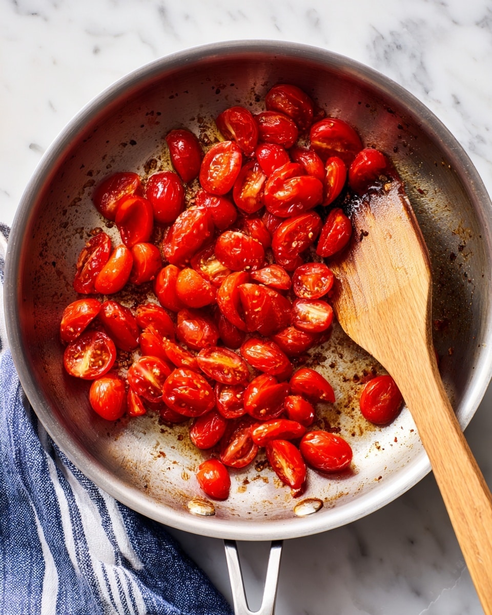 A stainless steel pan holds many halved cherry tomatoes being cooked, their shiny red skins and juicy inner flesh visible. The tomatoes are scattered mostly in the center of the pan, showing some golden brown caramelized bits sticking to the pan’s surface around them. A light brown wooden spatula rests inside the pan on the right side, angled slightly upward. The background shows a white marbled surface with a corner of a blue and white striped cloth towel visible on the right bottom. Photo taken with an iphone --ar 4:5 --v 7