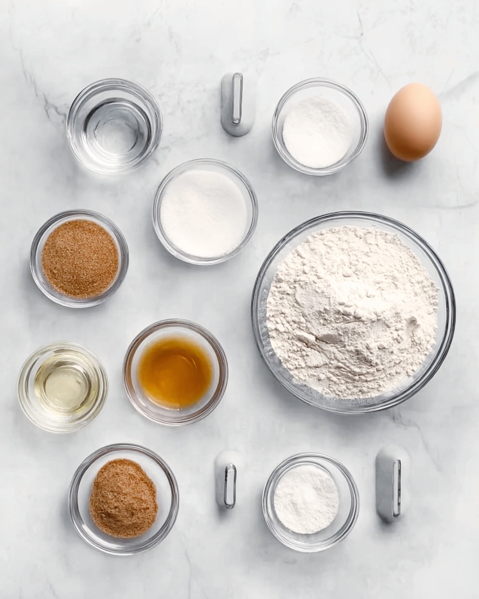 The image shows several small clear glass bowls and one egg arranged on a white marbled surface. There are eight bowls in total, each containing different baking ingredients: one bowl is filled with white flour and is the largest, placed on the right side; another bowl contains white powder, likely baking powder, placed near the center bottom; a bowl with brown sugar sits to the left of the baking powder bowl; a bowl with clear liquid is in the top left corner; another bowl with a light amber liquid, possibly vanilla, is nearby to the right of the clear liquid; a bowl with white granulated sugar is near the top center; a small clear bowl with salt or baking soda is just above the sugar; and the egg is near the top center between the bowls of sugar and baking soda. All items are evenly spaced on the white marbled surface. photo taken with an iphone --ar 4:5 --v 7