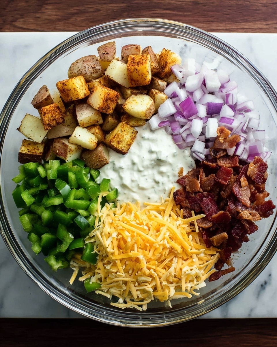 A clear glass bowl sits on a white marbled surface, filled with six distinct layers arranged in a circle. On the left, there are browned roasted potato cubes with a slightly crispy look. Next to them, finely chopped green bell peppers show a fresh, bright green color. Moving clockwise, white and light purple diced onions add a crisp texture. To the right, crispy, dark red bacon pieces offer a crunchy feel. Below the bacon, a pile of finely shredded yellow cheddar cheese fills a section. At the center of the bowl, smooth white ranch dressing slightly spreads over the edges of the cheese and vegetables. The photo taken with an iphone --ar 4:5 --v 7